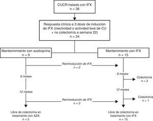 Evolución de los pacientes con brote grave de CUCR respondedores a 3 dosis de inducción con IFX, según el tratamiento de mantenimiento posterior.