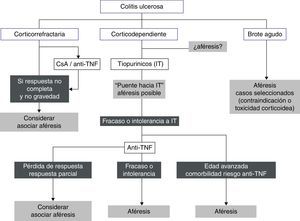 Algoritmo de utilización en la colitis ulcerosa. CsA: ciclosporina A; anti-TNF: agentes anti factor de necrosis tumoral; IT: inmunomoduladores tiopurínicos.