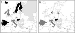 Incidencia de EII en Europa. A) 2010. B) 2011. Negro: >20 casos/100.000 habitantes. Gris oscuro: 10-20 casos/100.000 habitantes. Gris claro: <10 casos/100.000 habitantes. Fuente: Elaborado a partir de Burisch et al.9 y Vegh et al.10.
