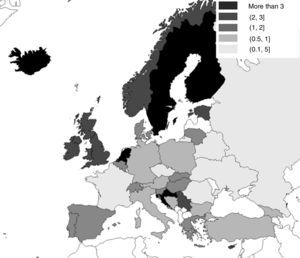 Number of publications per 10 billion Euros GDP.