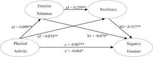 Conceptual and statistical diagram of the multiple mediation model for the direct and indirect effects of PA on negative emotions. *p < .05; **p < .01.