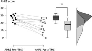 Individual effects of 30 sessions of 1 Hz rTMS on auditory hallucinations measured with the AHRS (auditory hallucination rating scale) in 14 patients with schizophrenia.