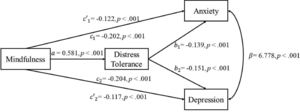 Path diagram of distress tolerance mediating the relationship between mindfulness and depression/anxiety of Study 1.