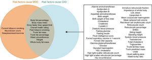 Venn diagram showing the traits that were causally associated with depression, CAD, or both. MDD, major depressive disorder; CAD, coronary artery disease; HDL, high-density lipoprotein; LDL, low-density lipoprotein; SHBG, sex hormone binding globulin.
