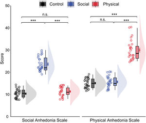 Raincloud plots of social and physical anhedonia as a function of groups. The density plots depict the distributions, the boxplots represent the median and the 1st and 3rd quartiles, and the colored circles and dots indicate the mean for each participant and across participants in each group, respectively. Error bars represent the within-subject standard error of the mean. ⁎⁎⁎p〈 .001, n.s., p〉 .05. The p-values were corrected using the Bonferroni procedure.
