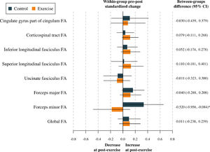 Effects of the exercise program z score changes between groups in tract-specific and global fractional anisotropy. Data analyses were primarily conducted under the per-protocol principle—that is, participants attending at least 70 % of the sessions. Baseline z score of the outcomes was calculated by subtracting the mean value and dividing by the SD of each outcome. Post-exercise z scores were calculated by subtracting the baseline mean and dividing by the baseline SD, being a z score of the change in each outcome. CI= Confidence interval; FA= Fractional anisotropy. *= p < 0.05 before adjusting for multiple comparisons. Note: Higher FA values are thought to reflect a higher degree of neuronal organization.