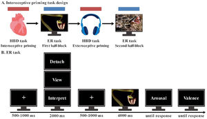 Interoceptive priming task design and the trial structure of emotion regulation task. A. Interoceptive priming task. The priming phase included interoceptive and exteroceptive condition. One block of ER task was departed into first and second half-block and was performed immediately after heartbeat detection (HBD) task. B. emotion regulation task. Illustration of timing and sequence of stimuli on screen.