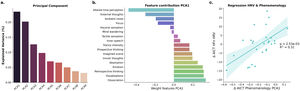 Interrelation between self-reported phenomenological experiences and HRV measures during auto-induced cognitive trance (AICT). a. All principal component analyses (PCA) obtained after dimensionality reduction, accounting for 90 % of the explained variance with all Δ self-reported phenomenological features, b. Contribution of each self-reported phenomenological feature (or weighted matrix) ordered by value for PCA1, the first principal component (23 % explained variance) c. Regression between the variation (Δ) of self-reported phenomenological experiences during AICT (PCA1) and the variation (Δ) of HFn (HRV) during AICT. The regression results indicate R²=0.31, which remains significant after FDR correction (p≤.05).