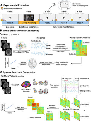Schematic of experimental procedure and flowchart of functional connectivity. (A) The fMRI scanning included four resting scans and one task scan. Each resting scan lasted 6 min, with Rest 1 being conducted before the Movie Watching session, followed by Rest 2, 3 and 4. Throughout the experiment, five measurements of PA were taken, labeled as E0 to E4. (B) Whole-brain functional connectivity analyses were conducted on the data from all four resting sessions. Time series were extracted based on Dosenbach160 atlas and therefore the FC matrices for each subject were all 160×160 matrices. (C) Dynamic functional connectivity analysis was conducted on data collected during movie watching session. IC obtained by Group ICA were further selected based on Yeo 7 network template. A sliding window approach was used to estimate dynamic functional connectivity and K-means clustering was then performed on the dynamic functional connectivity estimates. State occurrences and transitions were calculated, and graphic measure was calculated for each state. FC, functional connectivity; IC, independent component.