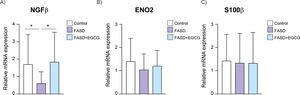 RT-qPCR of selected neuronal biomarkers. Validation of neuronal biomarkers in Control, FASD and FASD+EGCG. (A) NGFβ, (B) Enolase-2, (C) S100β. White represents control patients; purple represents FASD patients and blue represents FASD patients at 12 months of EGCG treatment. * P < 0.05.