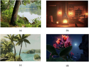 Still images of the interactive VR mindfulness environment as viewed from the VR headset for each of the four applications participants interacted with (a) Place (Mental Health Online, 2022); (b) Liminal VR (Liminal VR), (c) Guided Meditation VR (Cubicle Ninjas, 2021); and (d) Tripp VR (Tripp Inc., 2019).