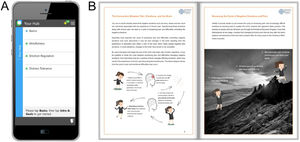 Screenshots of the iDBT-pain app and handbook. A. iDBT-pain app homepage; B. The iDBT-pain handbook showing the role of emotions in the development of chronic pain.