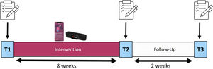 Study Design Notes: The 10-week study protocol was divided into an 8-week intervention phase and a 2-week follow-up period by three main testing time points: T1 marks the beginning of the study and therefore the intervention phase, T2 marks the end of the intervention phase, and T3 marks the follow-up assessment and the end of the study. For each of the main testing points a group of online questionnaires was conducted. During the 8-week intervention phase, participants used the app-program including continuous sleep monitoring using a heart rate sensor. At T2 access to the app-program was blocked in order to ensure reliable follow-up measurements.