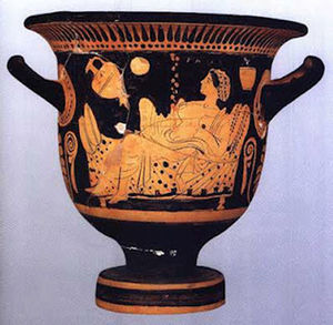 Crátera ática de figuras rojas. Dánae y la lluvia de oro (490 a.C.). Museo del Hermitage, San Petersburgo. Disponible en: http://carlottarte.wordpress.com/2012/03/14/iconografia-clasica/