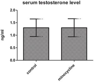 Mean±SD of the serum testosterone levels (ng/ml) of the control (n=20) and minocycline (n=20) groups. No significant difference was observed between two groups (p>0.05).