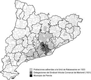 El municipio de Pierola en la geografía de la Cataluña rabassaire (1931-1933). Fuente: elaborado a partir de Pomés (2000), pp. 104 y 113.