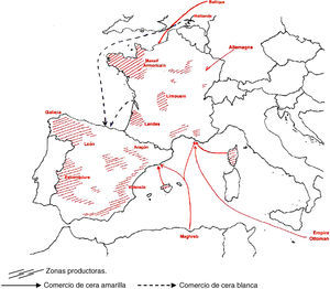 Producción y comercio marítimo e internacional de la cera hacia 1800. Fuente: Elaboración propia.