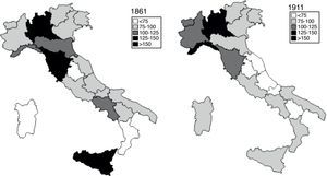 The industrial labour force per region in 1861 and 1911 (Italy=100) and, for 1861, Maic (1886).