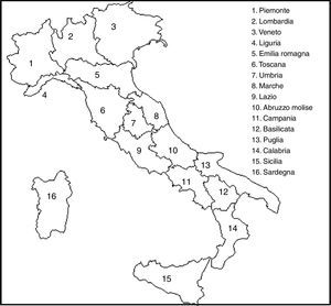 Map of the Italian regions. Note: actually, in 2010, the Italian Regions are 20. This Map and our Maps 1–8 refer to 16 homogeneous regions. Some of them are sets of regions existing nowadays (and then it is easy to aggregate figures referring to them into bigger sets). Piemonte includes Aosta Valley, Veneto includes Friuli Venezia Giulia and Trentino Alto Adige; Abruzzi and Molise are also combined into a single region.