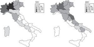 The industrial labour force per region in 1951 and 2001 (Italy=100).