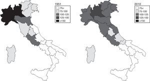 Regional per capita GDP 1951 and 2010 (Italy=100).