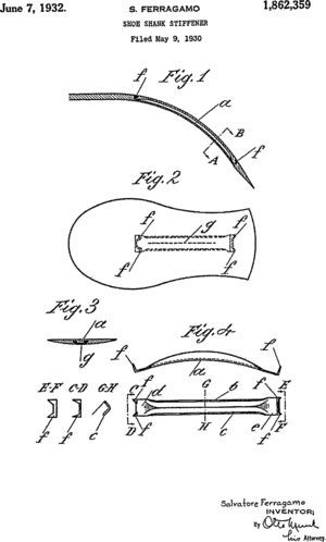 Shoe shank stiffener. Drawing, 1932. Source: Historical Archives of the United States Patent Office, Patent No. 1.862.359.