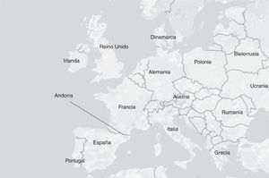 Situación de Andorra en Europa. Fuente: Elaboración propia a partir de la imagen de Google Maps.