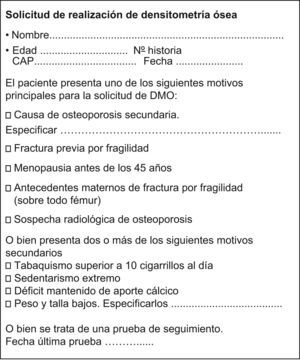 Hoja de solicitud de realización de densitometría ósea.