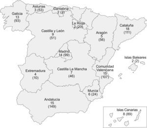 Distribución geográfica del número de reumatólogos participantes y número de pacientes incluidos (entre paréntesis) en el estudio FIRST.