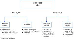 Cronicidad de hepatitis B. Subtipos: hepatitis crónica, portador asintomático, infección oculta e infección curada.