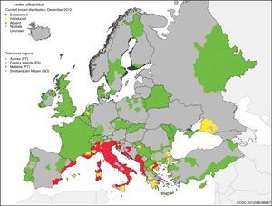 Riesgo de transmisión y establecimiento del A. albopictus (mosquito tigre) en zonas templadas del sur de Europa. Gráfico obtenido del Centro Europeo de Control y Prevención de Enfermedades (ECDC).