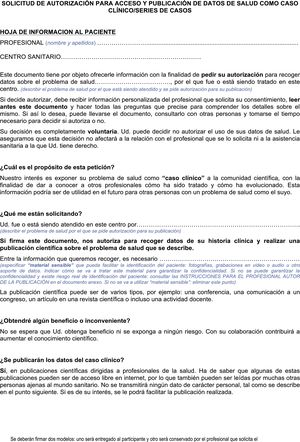 Solicitud de autorización para acceso y publicación de datos de salud como caso clínico/series de casos.