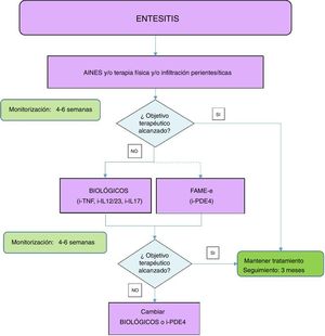 Algoritmo de tratamiento de la entesitis. AINE: antiinflamatorios no esteroides; FAME: fármacos antirreumáticos modificadores de la enfermedad; FAME-e: FAME específicos; i-TNF: inhibidor del factor de necrosis tumoral; i-IL12, i-IL23 o i-IL17: inhibidor de la interleucina 12, 23 o 17; i-PDE4: inhibidor de la fosfodiesterasa 4.