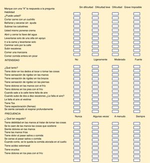 Versión mexicana en español de la escala autoadministrada de funcionalidad Systemic Sclerosis Questionnaire. Puntuación. Primero. Se obtuvieron 32 puntuaciones en 3 dominios. Elegimos la puntuación más alta por cada dominio (11 reactivos de habilidad, 12 de intensidad y 9 de frecuencia). Así, las puntuaciones iniciales quedan reducidas a 3. Segundo. Para evitar confusiones en puntuaciones bajas (0 y 1) se requiere mirar las preguntas correctoras, como se describe en el apartado de material y métodos. Tercero. Se calcula la media de los 3 valores de los dominios: a) habilidades; b) intensidad, y c) frecuencia. Esa será la puntuación final del cuestionario SySQ. Interpretación: 0=sin dificultad o sin síntomas; 1=dificultad leve, presencia de síntoma ligero y/o en algunas ocasiones; 2=dificultad grave, síntomas moderados y/o que se presentan frecuentemente, y 3=incapacidad, sintomatología fuerte o intensa y que se presentan siempre.