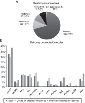 Clasificación anatómica y patrones de afectación ocular. AAB: anterior aguda bilateral; AANRU: anterior aguda no recidivante unilateral; AARU: anterior aguda recidivante unilateral; AC: anterior crónica; PaC: panuveítis con coriorretinitis; PaDR: panuveítis con desprendimiento exudativo de retina; PaVasc: panuveítis con vasculitis retiniana; PaVi: panuveítis con vitritis; PoCB: posterior con coriorretinitis bilateral; PoCU: posterior con coriorretinitis unilateral; PoVasc: posterior con vasculitis retiniana.