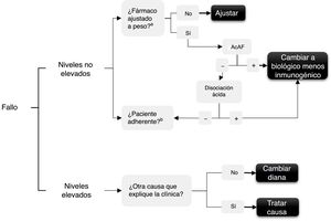 Algoritmo de uso de niveles de fármaco ante un fallo de tratamiento. AcAF: anticuerpos antifármaco; FAMEs: fármacos modificadores de la enfermedad sintéticos. a Se puede ajustar al peso en infliximab y en golimumab, en pacientes>100kg. b Adherencia a FAMEs y su dosis y al biológico.