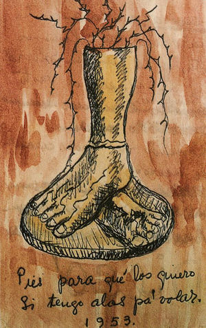 “Feet, what do I need them for if I have wings to fly”, watercolor and ink on a paper page, 1953; Frida Kahlo