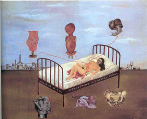 “Henry Ford Hospital,” or “The flying bed”, oil on metal sheet, 30.5cm×38cm; Dolores Olmedo Collection, Mexico City. D.R.© Fiduciario en el Fideicomiso relativo a los Museos Diego Rivera y Frida Kahlo. Av. 5 de Mayo No. 2, Col Centro, alc. Cuauhtémoc, c.p. 06000, Ciudad de México.