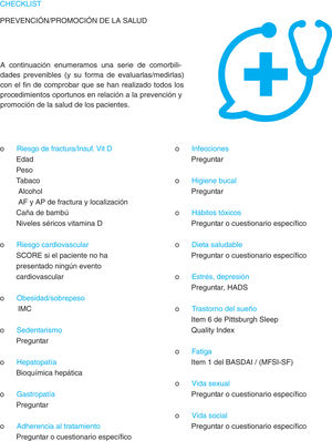 Checklist sobre prevención y promoción de la salud en pacientes con artritis reumatoide, espondiloartritis axial y artritis psoriásica.