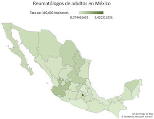 Tasa por cada 100.000 habitantes de reumatólogos de adultos por estados de la República Mexicana.