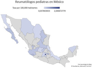 Tasa por cada 100.000 habitantes de reumatólogos pediatras por estados de la República Mexicana. Los estados en gris no cuentan con ningún reumatólogo pediatra.