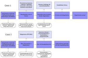 Línea del tiempo para caso 1 y caso 2, que muestra los tratamientos y desenlaces en ambas situaciones.