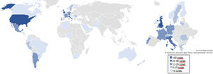 Mapa de países con colaboraciones en artículos de servicios de reumatología de España.