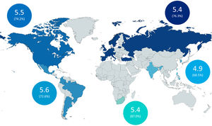 Mean of disease activity and proportion of active disease by region (n=5295). Data shown in the circles refer to the mean of disease activity (% active disease, BASDAI ≥4). BASDAI: Bath Ankylosing Spondylitis Disease Activity Index.