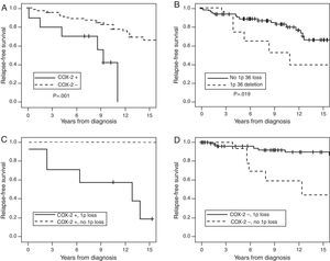 Cumulative relapse-free survival rates for Simpson grade I–III meningiomas (n=135). Kaplan–Meier table curves for COX-2 expression (A) and 1p36 deletions determined by FISH (B). Antagonistic effect of COX-2 expression and chromosome 1p36 loss: (C) a comparison between meningiomas that overexpress COX-2 associated with 1p36 deletion (dark continuous line) and meningiomas with COX-2 overexpression without 1p36 deletion (discontinuous line). (D) The comparison of COX-2 negative meningiomas with (dark continuous line) or without (discontinuous line) chromosome 1p36 deletion.