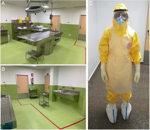 Autopsy room with dirty (a) and clean (b) areas delimited by a red line. (c) An examiner fully equipped with the PPE: disposable waterproof coverall, goggles, FFP3 mask covered with a surgical mask, nitrile gloves covered with cut-resistant gloves and protected with latex gloves and waterproof shoes covers. In addition, a plastic apron and a face shield, which can be quickly removed during disrobing, provide protection from splashes.