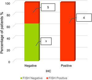 Frequency of patients with positive and negative FISH and IHC.