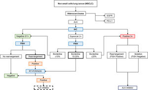 The diagnostic algorithm suggested ALK gene rearrangement in lung adenocarcinoma patients. Modified from Accurate and Economical Detection of ALK Positive Lung Adenocarcinoma with Semiquantitative Immunohistochemical Screening.14