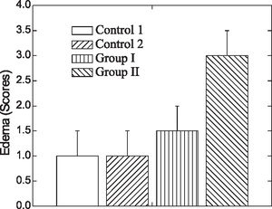Comparison of histological edema (scores) between controls, Group I, and Group II rats (p < 0.05).