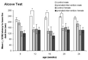 Alcove test. The time (in seconds) spent in a dark box before exploring a brightly lit open field was measured at weeks 8, 12, 16, 20 and 24 for the male (n = 6) and female (n = 6) controls and male (n = 16) and female (n = 14) prenatal intervention groups. The two latencies, A1 and A2, were summed. The male prenatal intervention group and the females exited the dark box more quickly than the male controls over the test period of 24 weeks. The values of males differed at weeks 12, 16 and 20; male and female controls displayed differences at weeks 16, 20 and 24; *p ≤ 0.01.